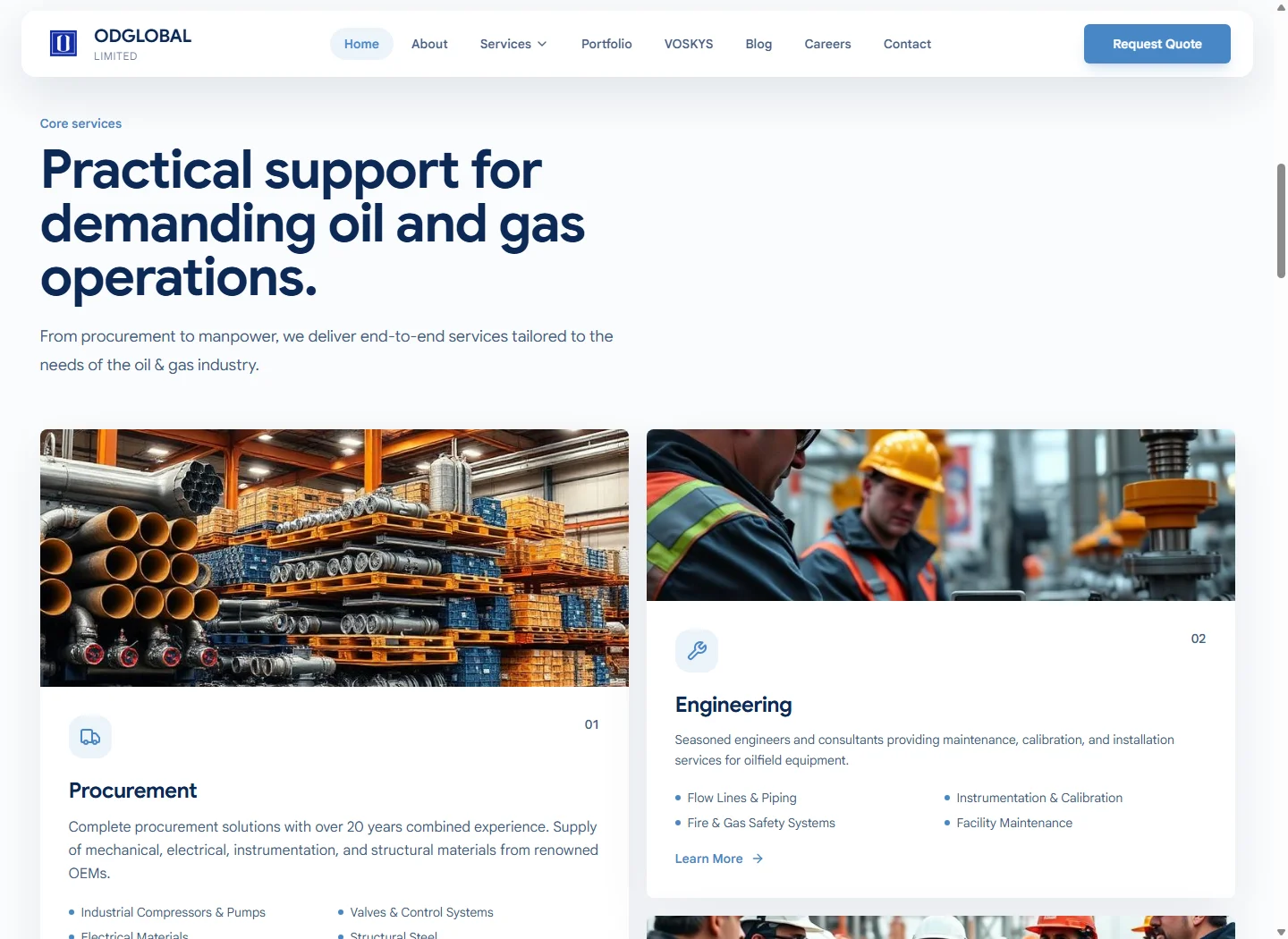 OD Global website service sections presenting industrial capabilities