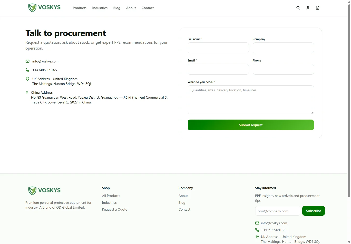 Voskys contact page with company contact details and a bulk enquiry form